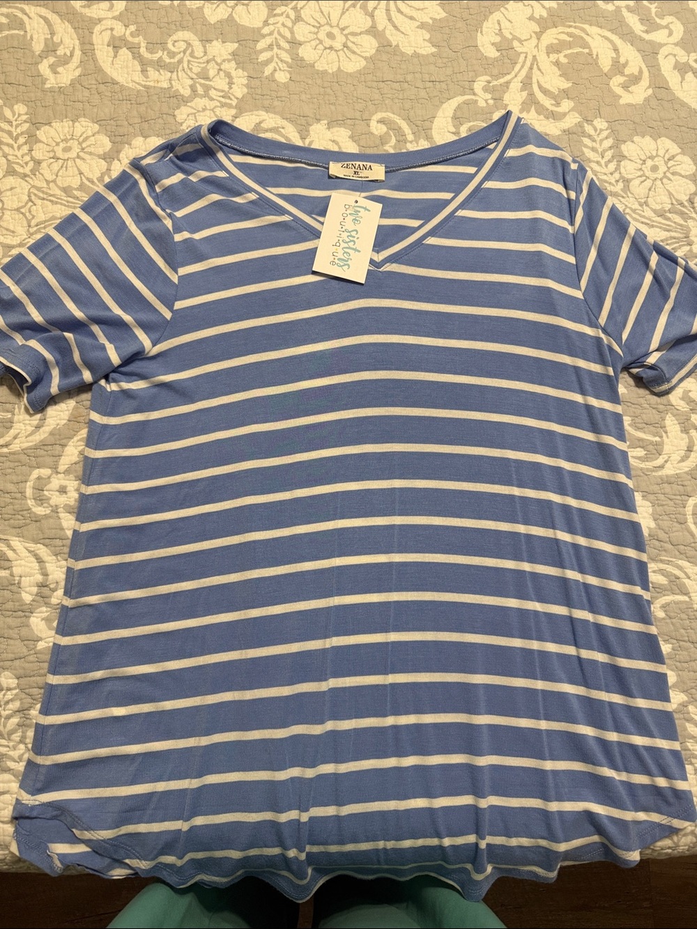 Zenana Outfitters Blue & White Striped Short Sleeve V-Neck Tee